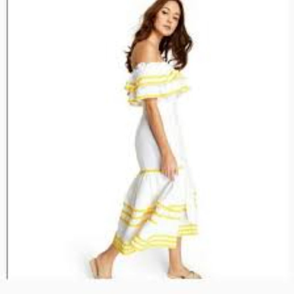 ✅ Target Lisa Fernandez Off Shoulder Ric Rac Dress SIZE X-SMALL WHITE/YELLOW